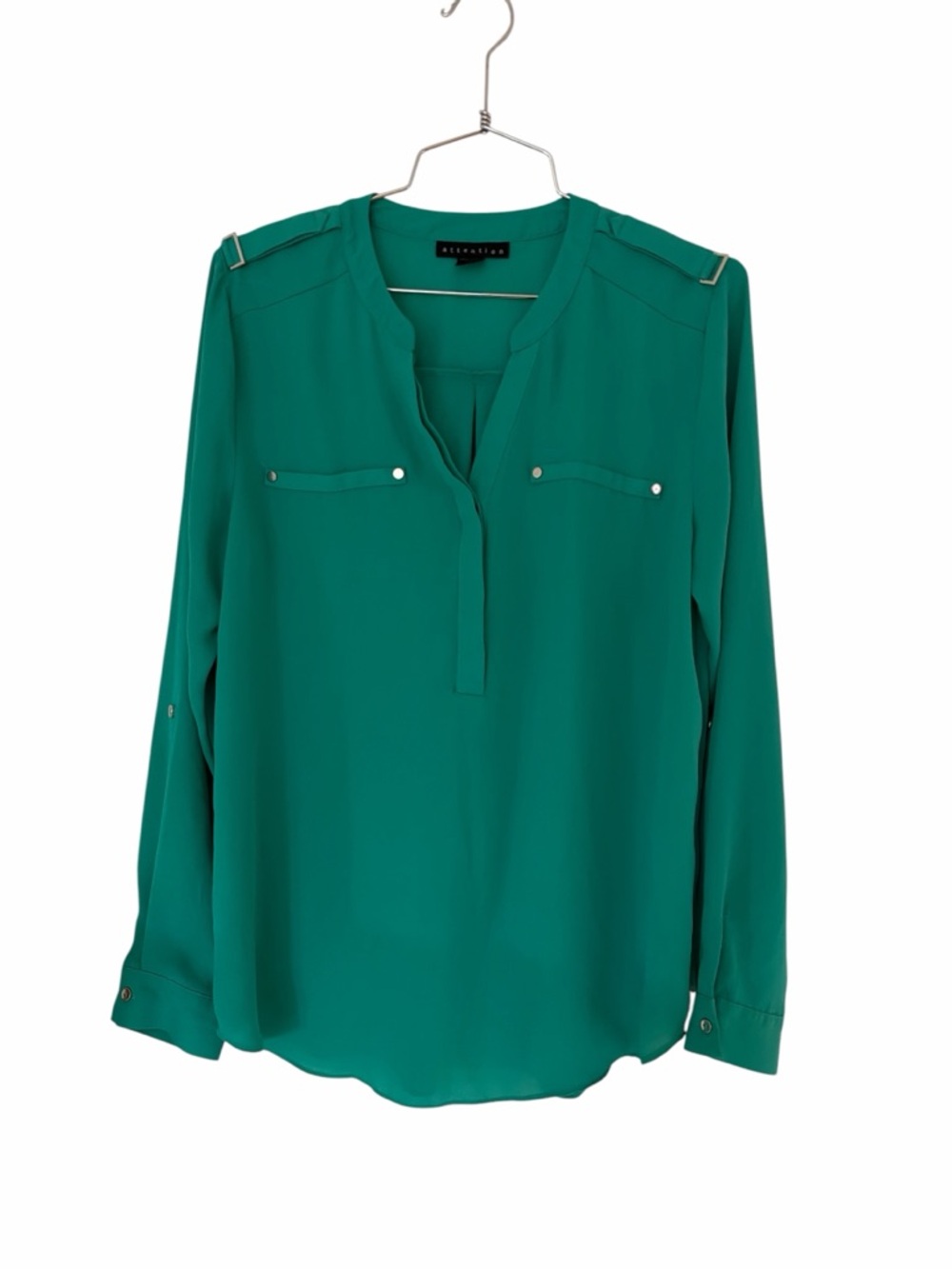 Attention Green Blouse Size Medium Roll Tab Sleeve V-Neck Work Office Top - Picture 4 of 7